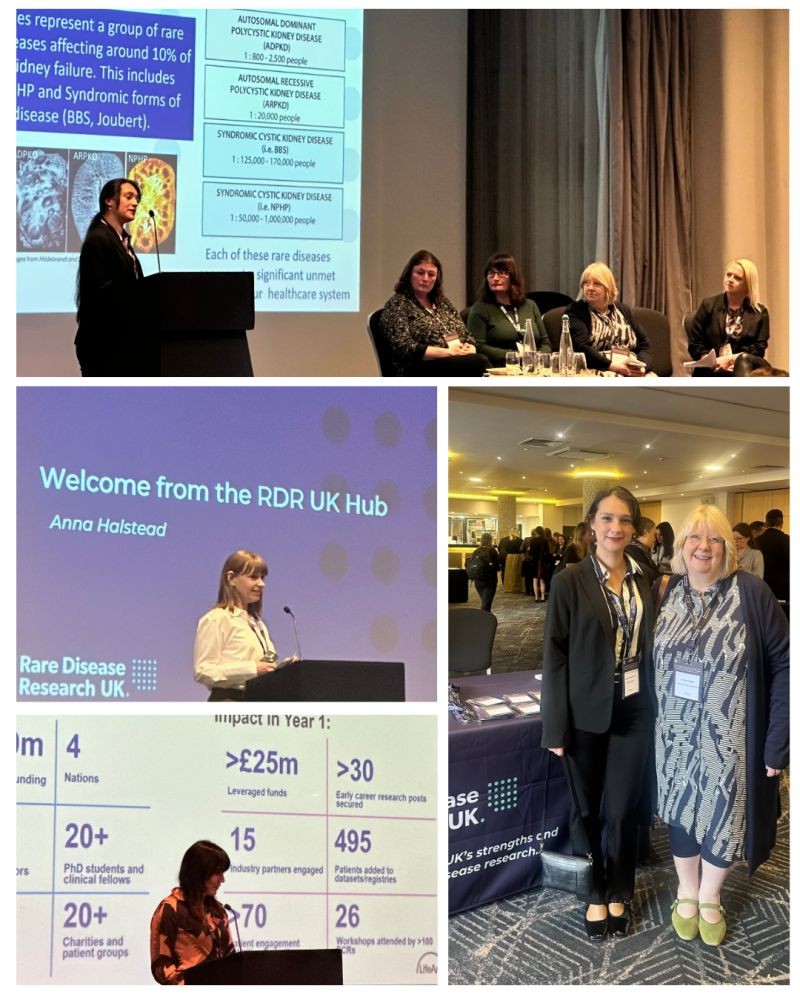 Selection of photos from the conference including four panellists on the stage including Audrey and Kerry both with blond hair and dark jackets