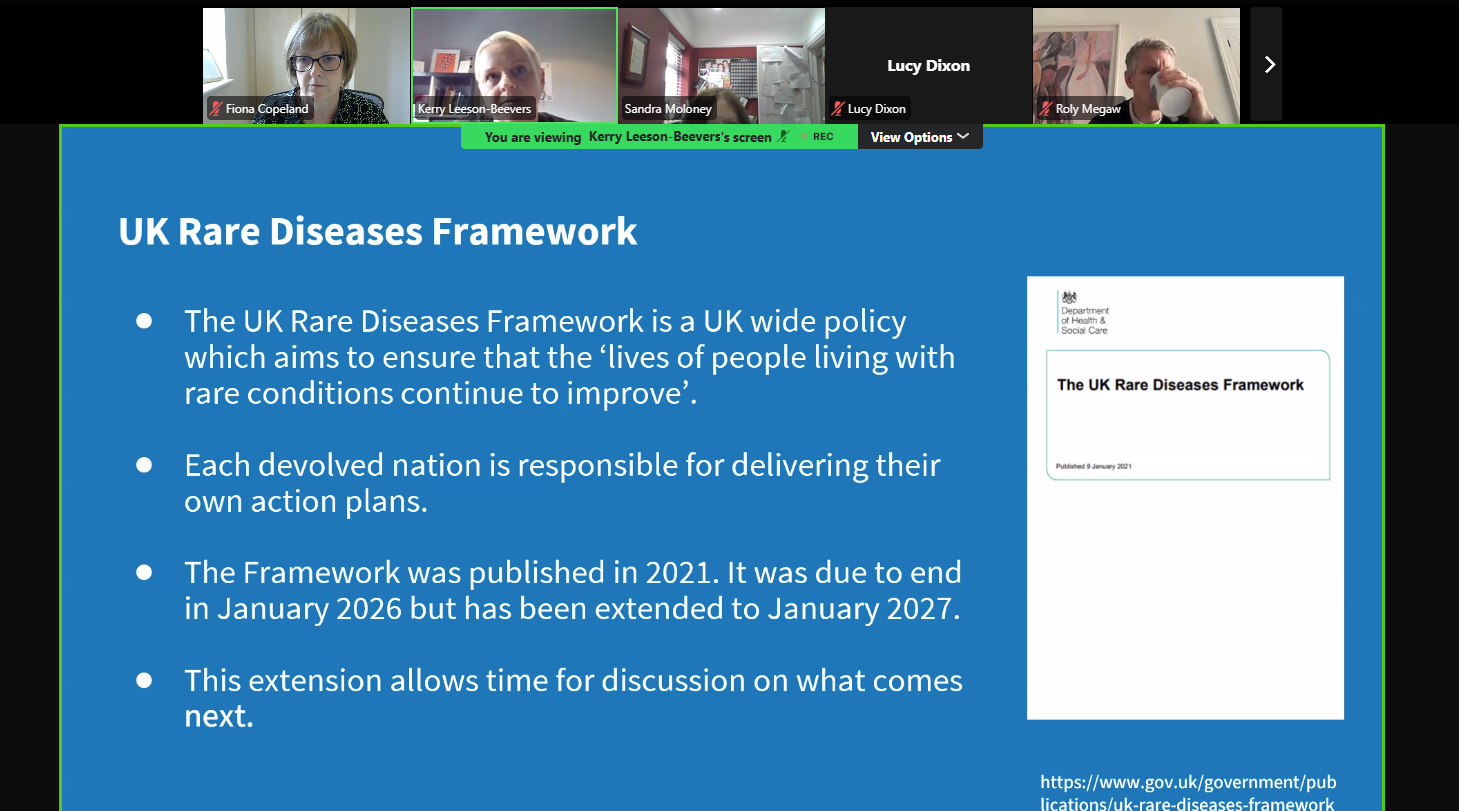 Image of slide explaining the UK Rare Disease Framework with a selection of attendees heads showing at the top of the screen
